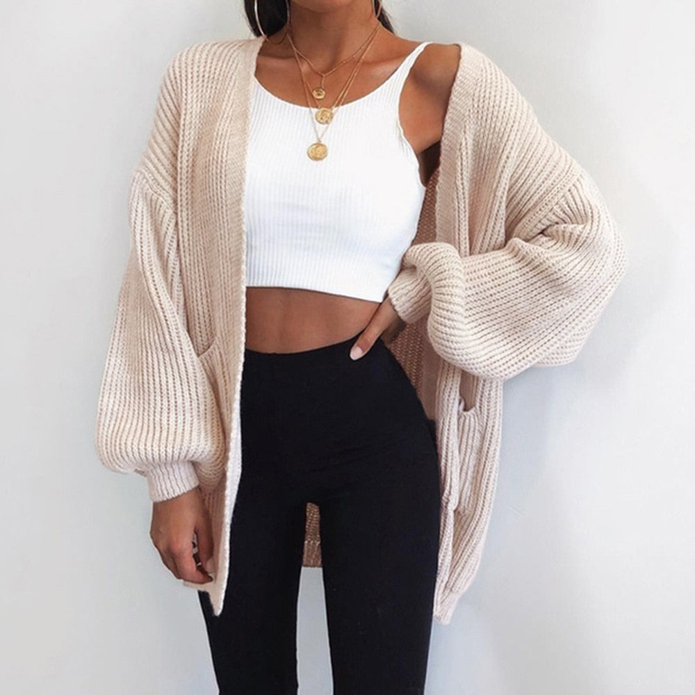 Women's Autumn Loose Knitted Winter Coat /Sweater With Open Stitch Sleeve.