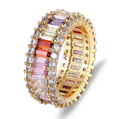 Women's Top Quality Hot Thin Baguette Rainbow CZ Gold Ring. Engagement/ Wedding Band/ Charm Jewelry