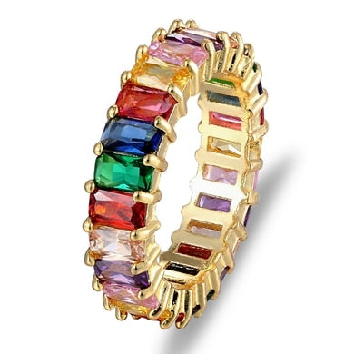 Women's Top Quality Hot Thin Baguette Rainbow CZ Gold Ring. Engagement/ Wedding Band/ Charm Jewelry