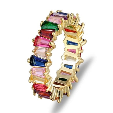 Women's Top Quality Hot Thin Baguette Rainbow CZ Gold Ring. Engagement/ Wedding Band/ Charm Jewelry