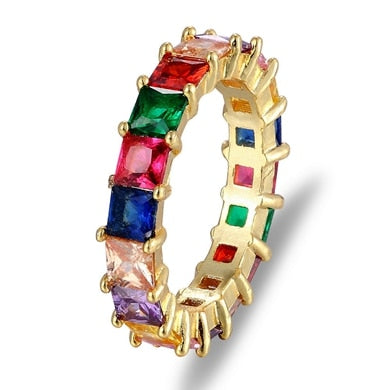 Women's Top Quality Hot Thin Baguette Rainbow CZ Gold Ring. Engagement/ Wedding Band/ Charm Jewelry