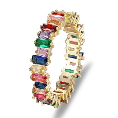 Women's Top Quality Hot Thin Baguette Rainbow CZ Gold Ring. Engagement/ Wedding Band/ Charm Jewelry