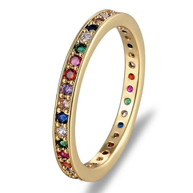 Women's Top Quality Hot Thin Baguette Rainbow CZ Gold Ring. Engagement/ Wedding Band/ Charm Jewelry