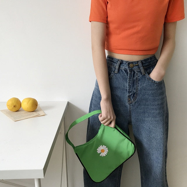 Women's Small Canvas  Daisy Embroidery Mini Tote Fashion Underarm Handbag