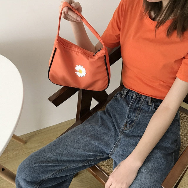 Women's Small Canvas  Daisy Embroidery Mini Tote Fashion Underarm Handbag