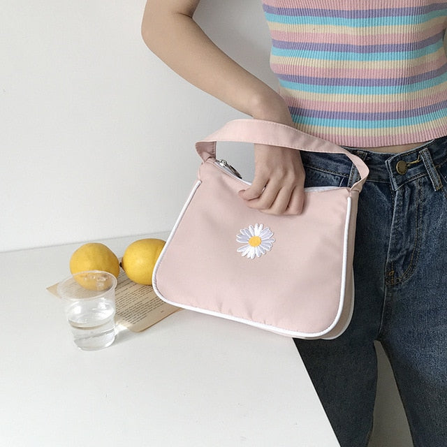 Women's Small Canvas  Daisy Embroidery Mini Tote Fashion Underarm Handbag