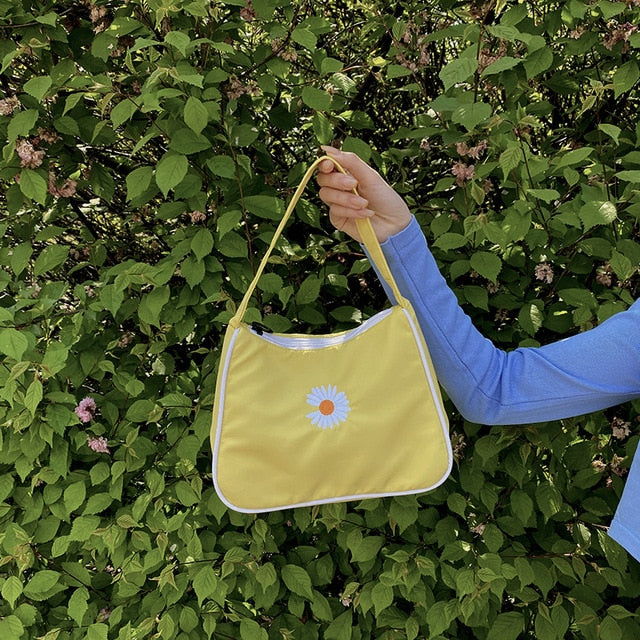Women's Small Canvas  Daisy Embroidery Mini Tote Fashion Underarm Handbag