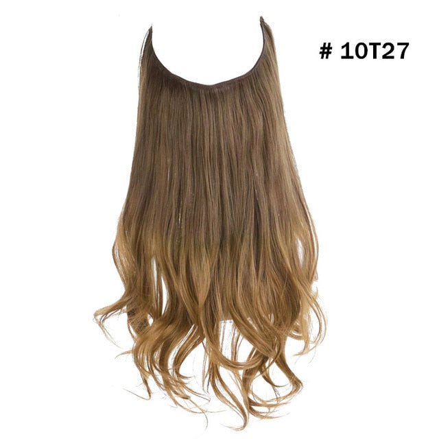 No Clip Wave Synthetic Halo Hair Extensions,Natural Black ,Blonde, Pink- One Piece Fish Line Fake Hair Piece