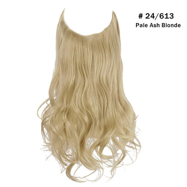 No Clip Wave Synthetic Halo Hair Extensions,Natural Black ,Blonde, Pink- One Piece Fish Line Fake Hair Piece