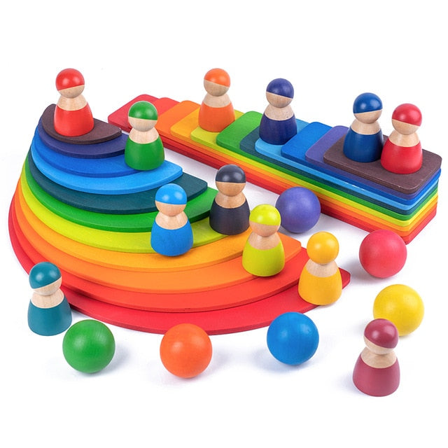 Educational Baby Montessori Toy Rainbow Stacker Wooden Puzzle  toys for Children