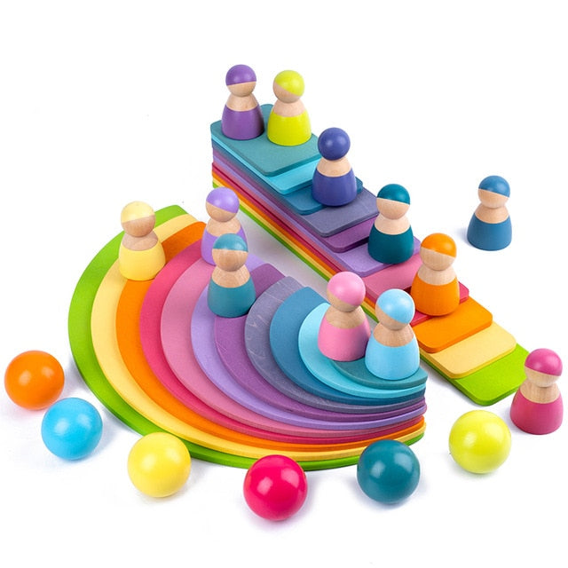 Educational Baby Montessori Toy Rainbow Stacker Wooden Puzzle  toys for Children