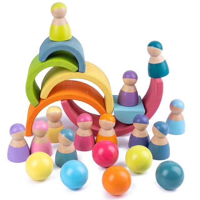 Educational Baby Montessori Toy Rainbow Stacker Wooden Puzzle  toys for Children