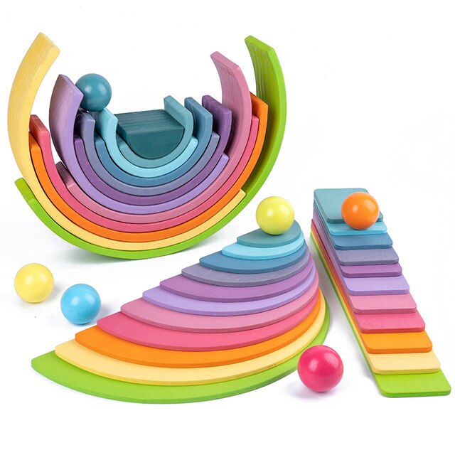 Educational Baby Montessori Toy Rainbow Stacker Wooden Puzzle  toys for Children