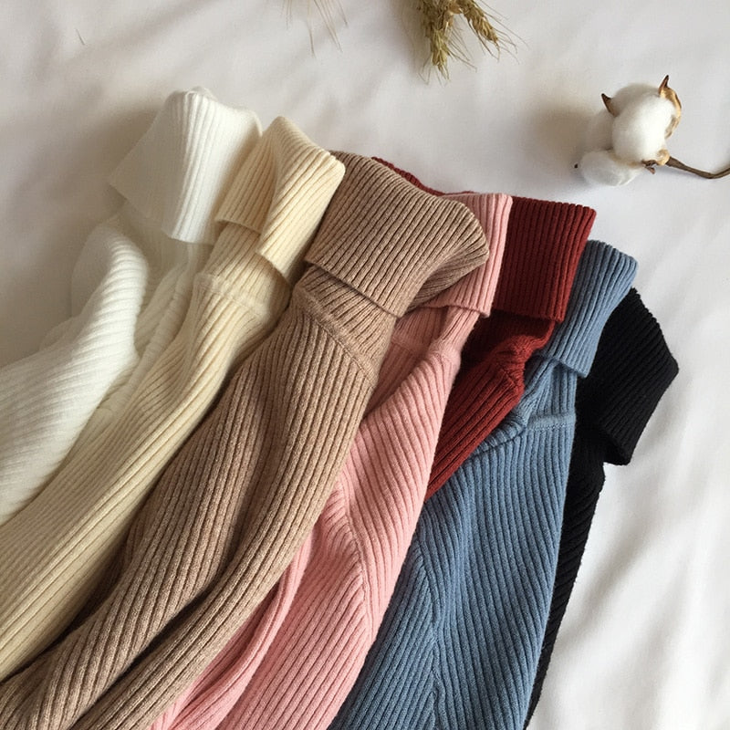 2021 Autumn Winter Spring Thick Warm Women's Knitted Ribbed Pullover Turtleneck Sweaters