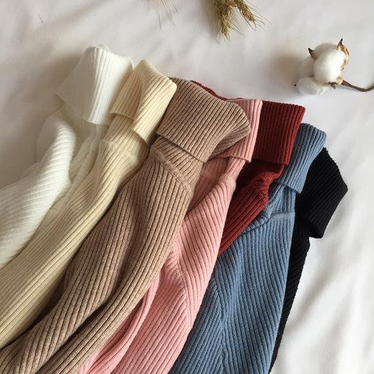 2021 Autumn Winter Spring Thick Warm Women's Knitted Ribbed Pullover Turtleneck Sweaters