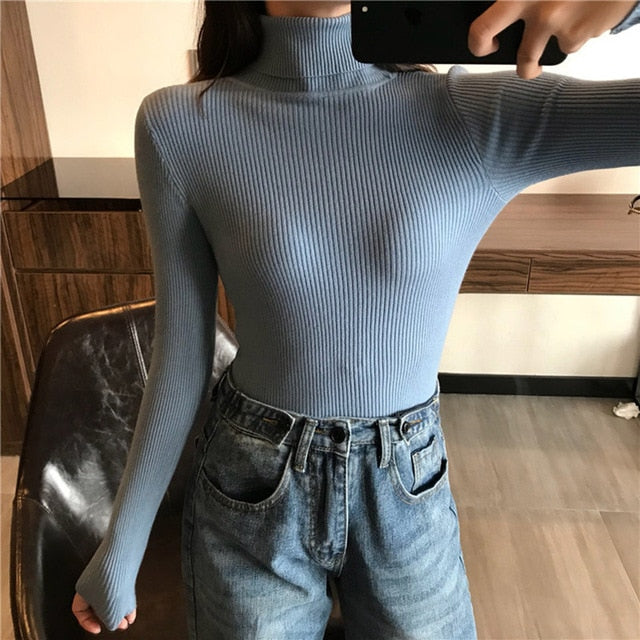 2021 Autumn Winter Spring Thick Warm Women's Knitted Ribbed Pullover Turtleneck Sweaters