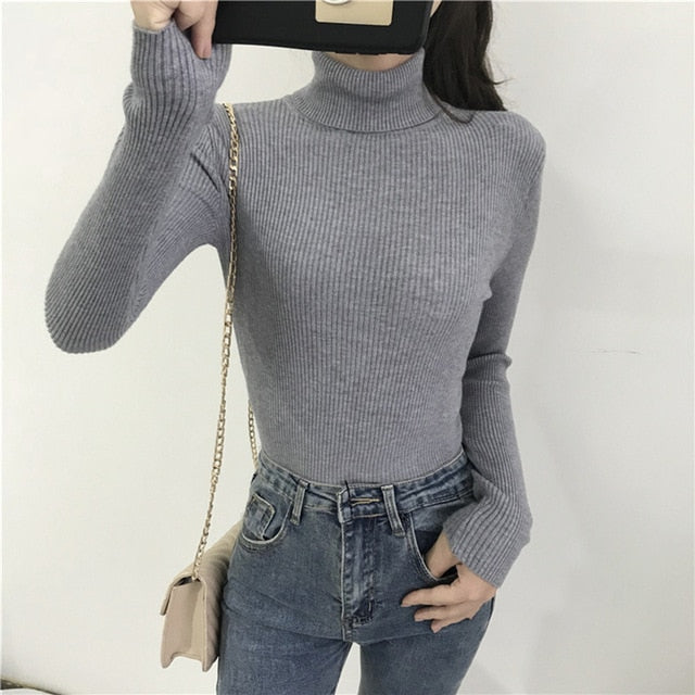 2021 Autumn Winter Spring Thick Warm Women's Knitted Ribbed Pullover Turtleneck Sweaters