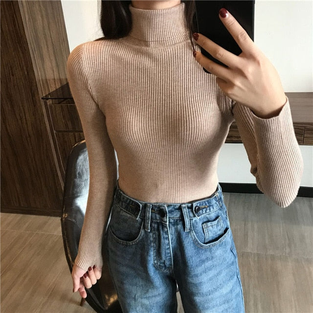 2021 Autumn Winter Spring Thick Warm Women's Knitted Ribbed Pullover Turtleneck Sweaters