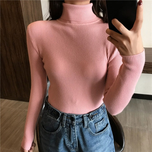 2021 Autumn Winter Spring Thick Warm Women's Knitted Ribbed Pullover Turtleneck Sweaters