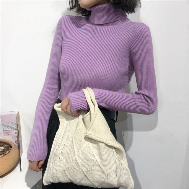 2021 Autumn Winter Spring Thick Warm Women's Knitted Ribbed Pullover Turtleneck Sweaters