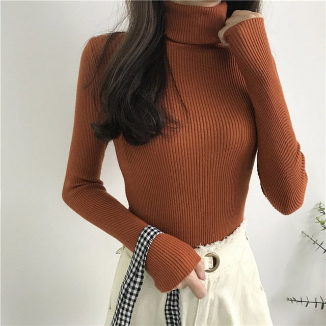 2021 Autumn Winter Spring Thick Warm Women's Knitted Ribbed Pullover Turtleneck Sweaters