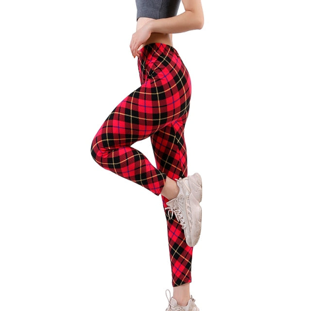 Women Grid Print Plaid Push Up Exercise Fitness Leggings / Pants