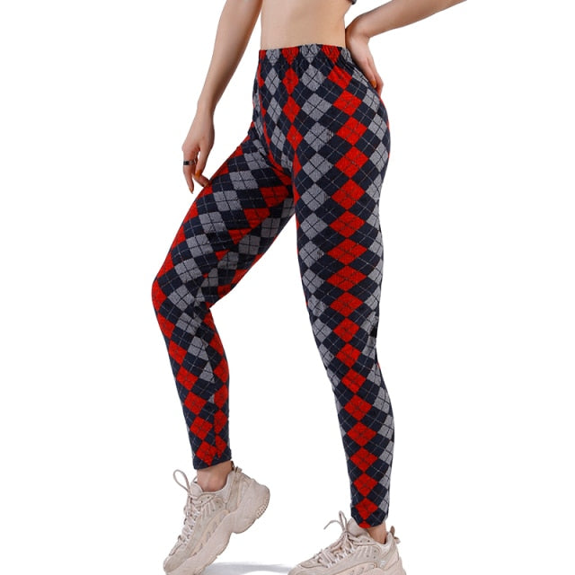 Women Grid Print Plaid Push Up Exercise Fitness Leggings / Pants