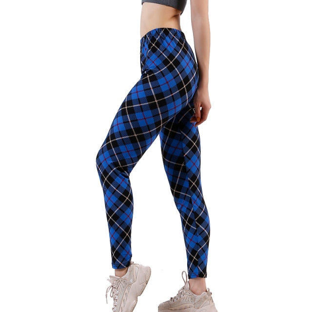 Women Grid Print Plaid Push Up Exercise Fitness Leggings / Pants