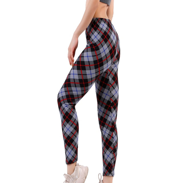 Women Grid Print Plaid Push Up Exercise Fitness Leggings / Pants