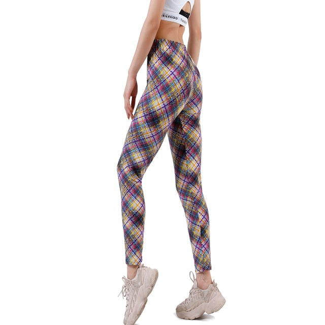 Women Grid Print Plaid Push Up Exercise Fitness Leggings / Pants