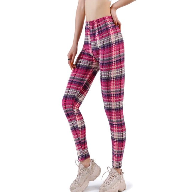 Women Grid Print Plaid Push Up Exercise Fitness Leggings / Pants