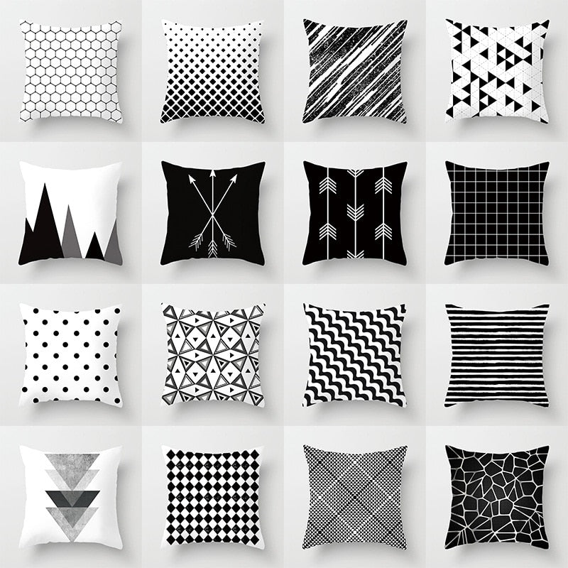 Geometric Art Black and White Polyester Cushion Cover & Throw Pillow Case
