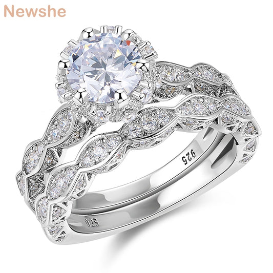 Newshe 2.6Ct White Round Cut AAA CZ Vintage Wedding Ring Set Genuine 925 Sterling Silver Engagement Rings For Women