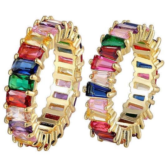 Women's Top Quality Hot Thin Baguette Rainbow CZ Gold Ring. Engagement/ Wedding Band/ Charm Jewelry