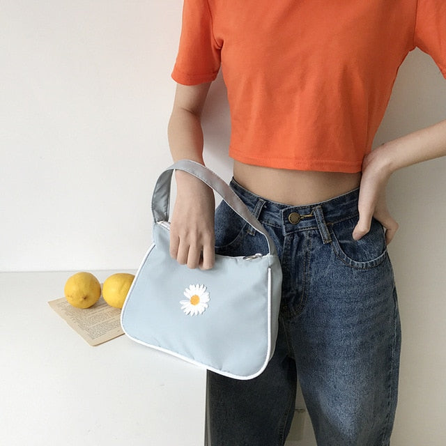 Women's Small Canvas  Daisy Embroidery Mini Tote Fashion Underarm Handbag
