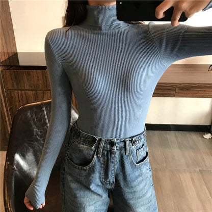 2021 Autumn Winter Spring Thick Warm Women's Knitted Ribbed Pullover Turtleneck Sweaters