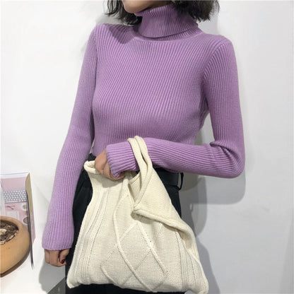 2021 Autumn Winter Spring Thick Warm Women's Knitted Ribbed Pullover Turtleneck Sweaters