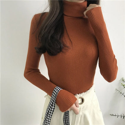 2021 Autumn Winter Spring Thick Warm Women's Knitted Ribbed Pullover Turtleneck Sweaters