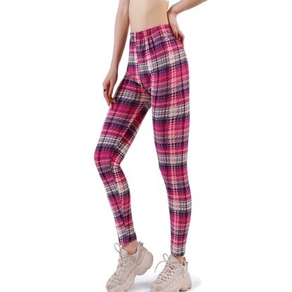 Women Grid Print Plaid Push Up Exercise Fitness Leggings / Pants